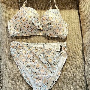 Ibiza Blue, Yellow & Green Boho Print  Underwire High Waist Bikini Set Size 2X